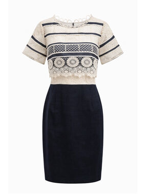 Elie Tahari Lace Overlay Sheath Dress Navy Cream Crochet Top Cocktail Size 10